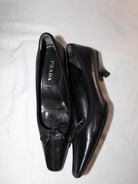 PRADA Kitten Heel Pumps Black Leather Bow 37.5